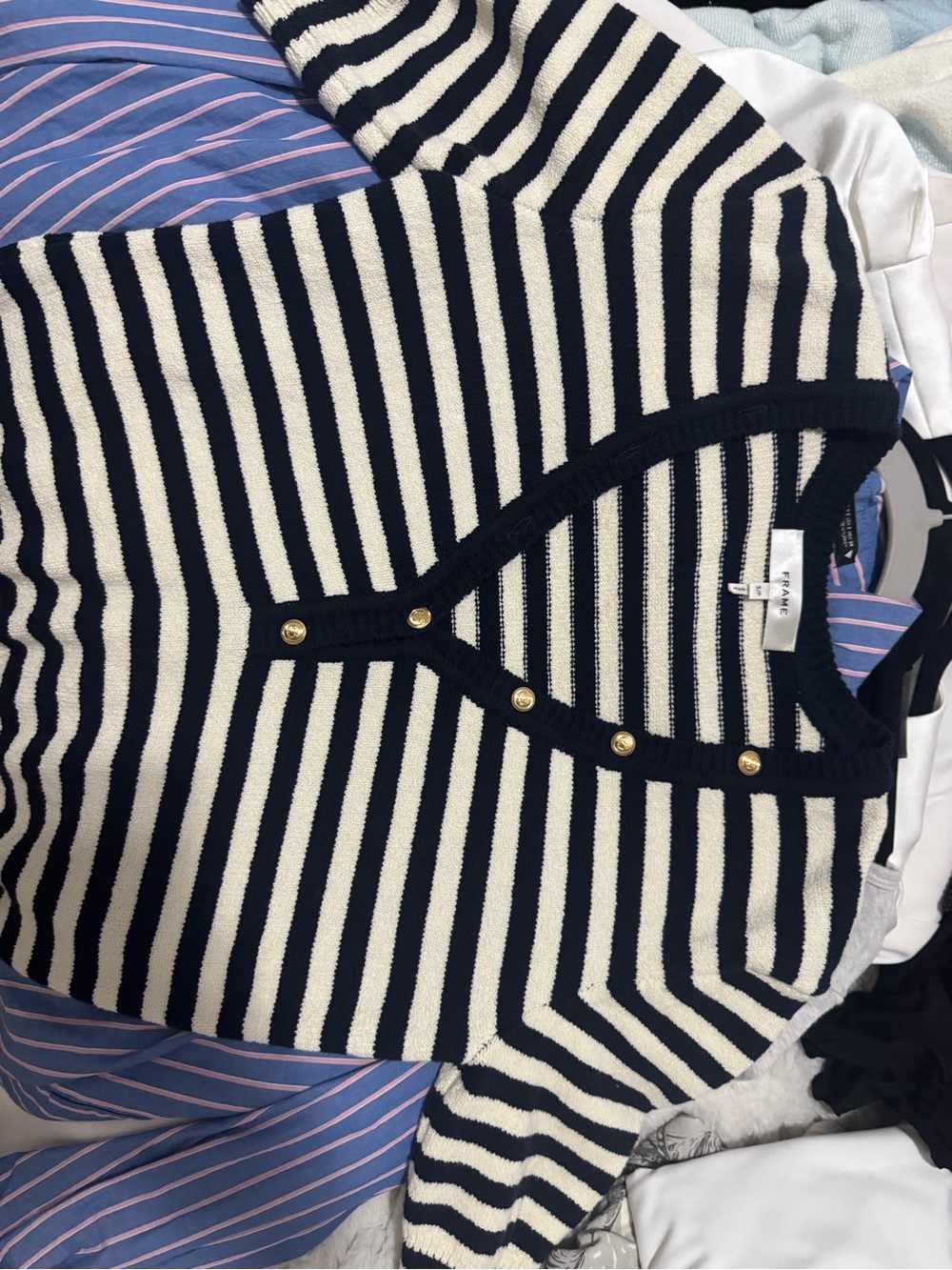 Frame Denim Navy and White Striped V-Neck Sweater with Gold Buttons